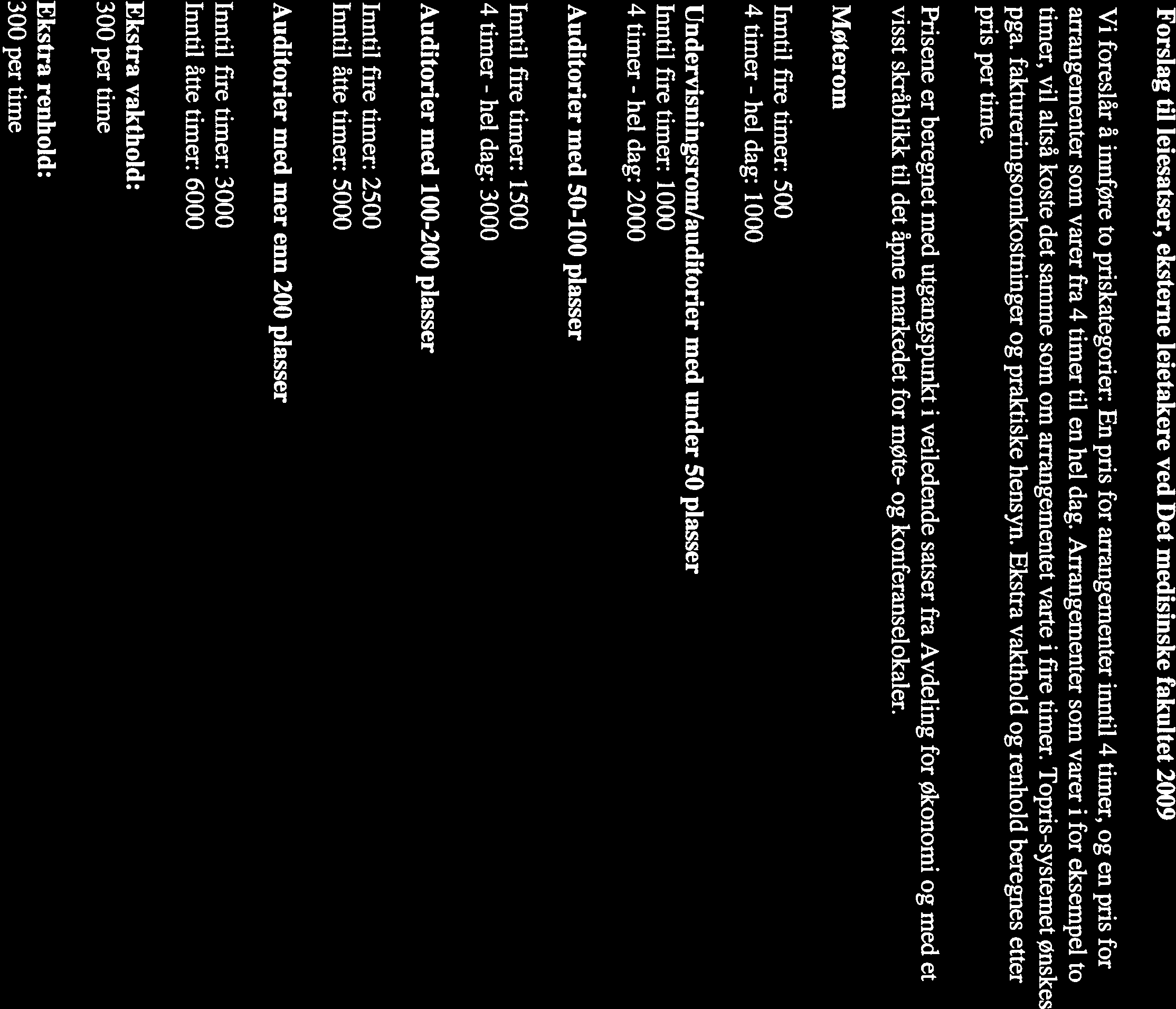 Vedlegg 2 Forslag til leiesatser, eksterne leietakere ved Det medisinske fakultet 2009 Vi foreslår å inuføre to priskategorier: En pris for arrangementer inntil 4 timer, og en pris for arrangementer
