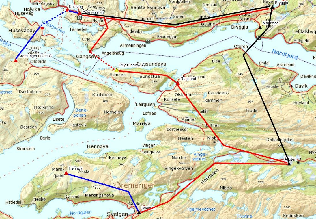 Figur 3-4. Systemløsning 2.1. Blå strek = ny ledning, radial. Rød strek = ny ledning regionalnett. Sort strek = eksisterende ledning. Systemløsning 2.2: Som 2.