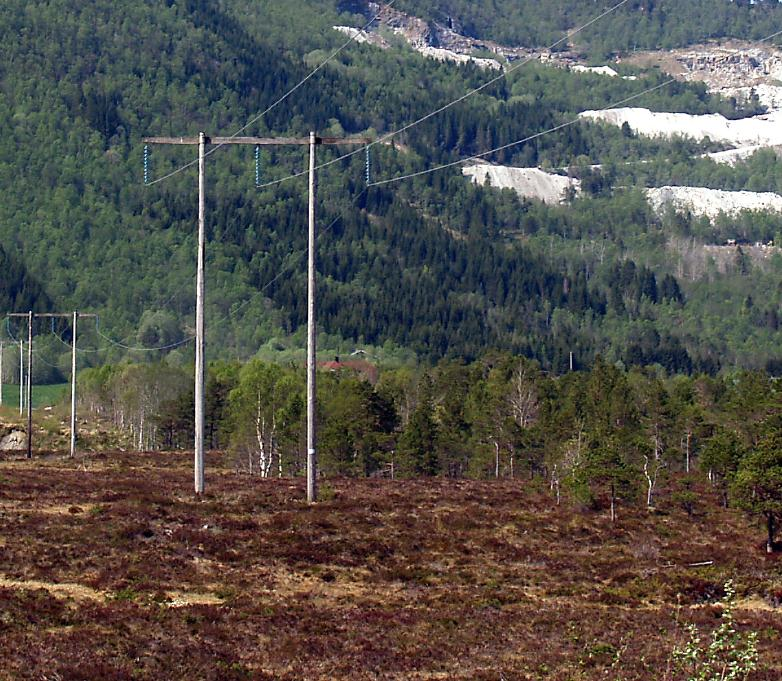 Figur 4-2. Til høyre; eksisterende 132 kv-mast på strekningen Svelgen-Ålfoten. Til venstre; eksempel på H-mast med trestolper.
