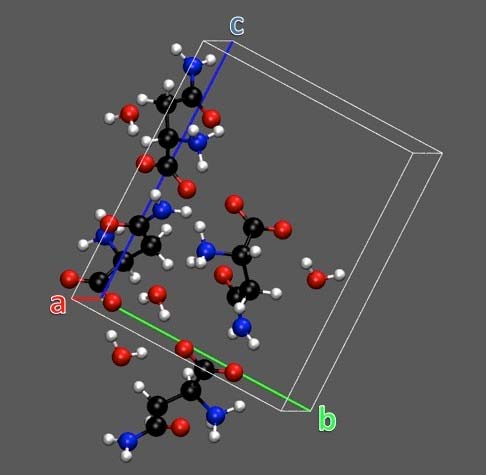 Figur 3-1: Illustrasjon av enhetscellen til L-asparagin. Enhetscellen har akselengder 5.593 Å, 9.827 Å og 11.808 Å, vinklene mellom hver akse er 90 og den inneholder fire asymmetriske enheter.