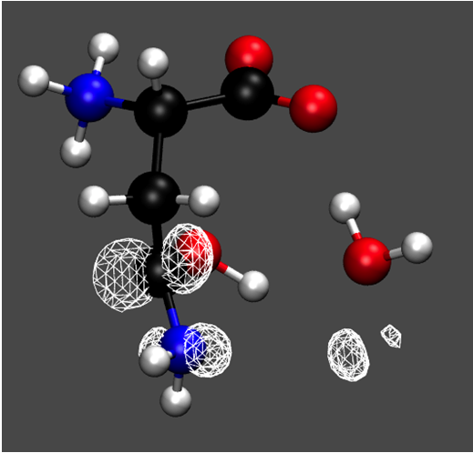 Figur 4-24: Spinntetthetsfordelingen på radikal LI. Svarte atomer er karbon, blå atomer er nitrogen, røde atomer er oksygen og sølvfargede atomer er hydrogen. 4.2.2 LII For det antatte protonerte karboksyl-anionet med spinnet lokalisert til C1 ble det eksperimentelt observert én -kobling.