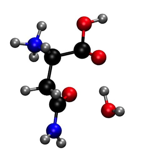 Figur 4-26: Figuren til venstre viser modellert struktur av radikal LII. Figuren til høyre viser geometriforskjeller mellom intakt struktur av L-asparagin (skyggelagt) og radikal LII.