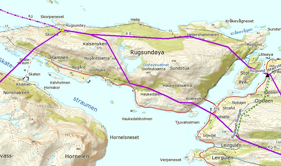 Dagens transformatorstasjon ved Rugsund opprettholdes om ny 132 kv-ledning går rett forbi stasjonen uten å kobles til.