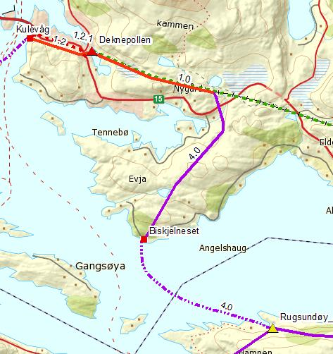Figur 1-5 Revidert løsning (lilla strek) mellom Rugsundøy og Deknepollen transformatorstasjon. 1.3.