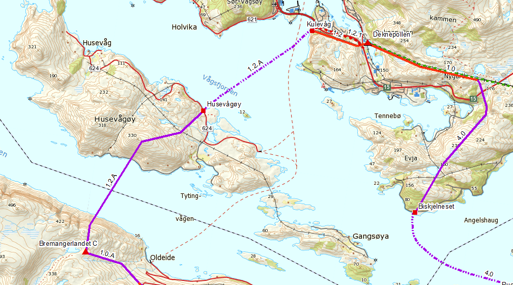 1.3.5 Bremangerlandet Deknepollen Som et alternativ til beskrevet trasé mellom Rugsundøya og Bremangerlandet kan det etableres en direkte forbindelse til Deknepollen transformatorstasjon.