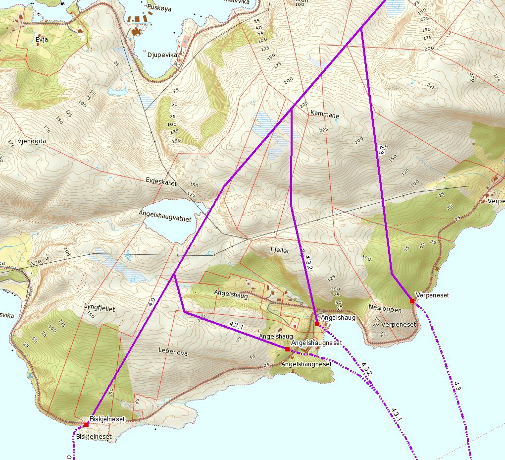 området Angelshaug. Disse løsningene omfatter kun mindre justeringer på land (ca. 1 km) og har ikke blitt vurdert av fagutredere. Figur 1-8. Endringer etter endt konsekvensutredning ved Angelshaug (4.