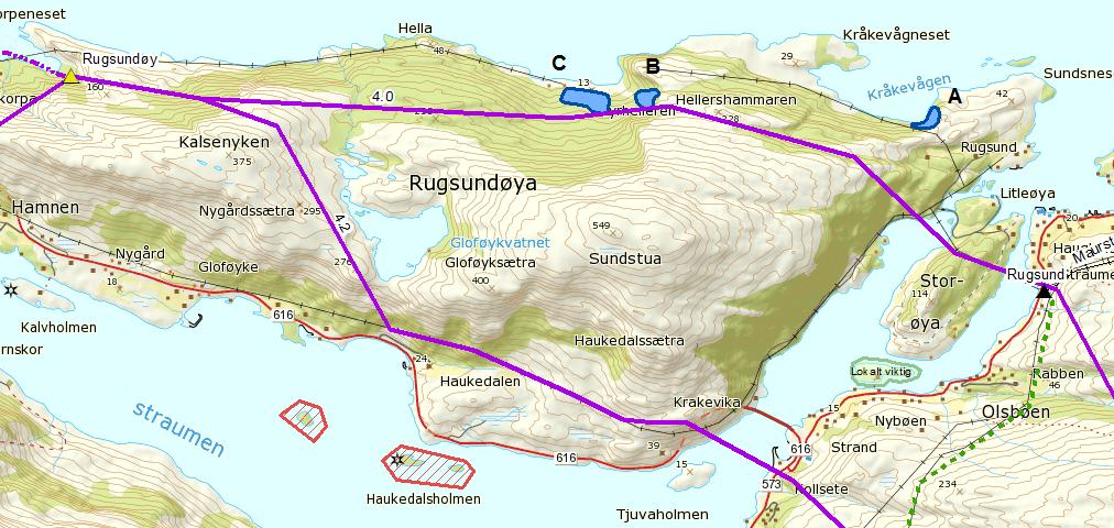 3.2 RUGSUND RUGSUNDØY 3.2.1 Verdivurdering 3.2.1.1 Naturtyper og vegetasjon Det ligger ikke inne registreringer av hverken verdifulle naturtyper eller truede arter i influensområdet for tiltaket.