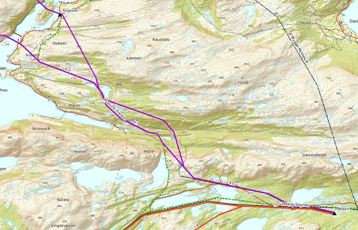 Figur 1-2 Revidert løsning (lilla strek) mellom Ålfoten og Rugsund.