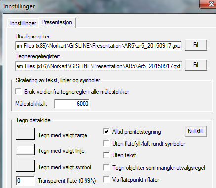 Velg deretter fane Presentasjon fra Innstillinger. Åpne utvalgsregister AR5_20170201.gxu og tegneregelregister AR5_20170201.gxt.