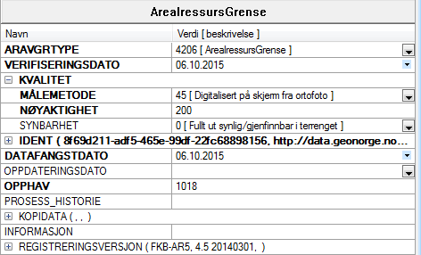 4.2. Slik redigerer du egenskaper Egenskaper legges inn på AR5grenser og AR5flater i egen operasjon eller som en del av digitaliseringa av nye objekt.