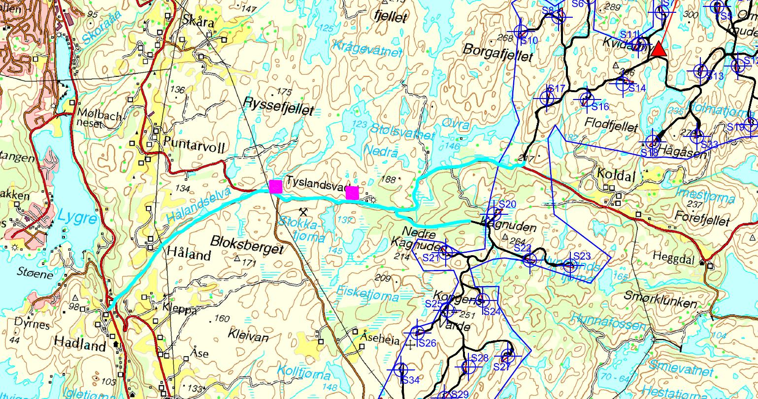 Fig 2. Egersund vindkraftverk. Lyse blå strek = adkomstveier. Lilla firkant = mulige riggplasser/mellomlagring For tiltakene i kap 2.2.1, søkes det også om Ekspropriasjonstillatelse og forhåndstiltredelse (etter oreigningsloven 2 og 25).