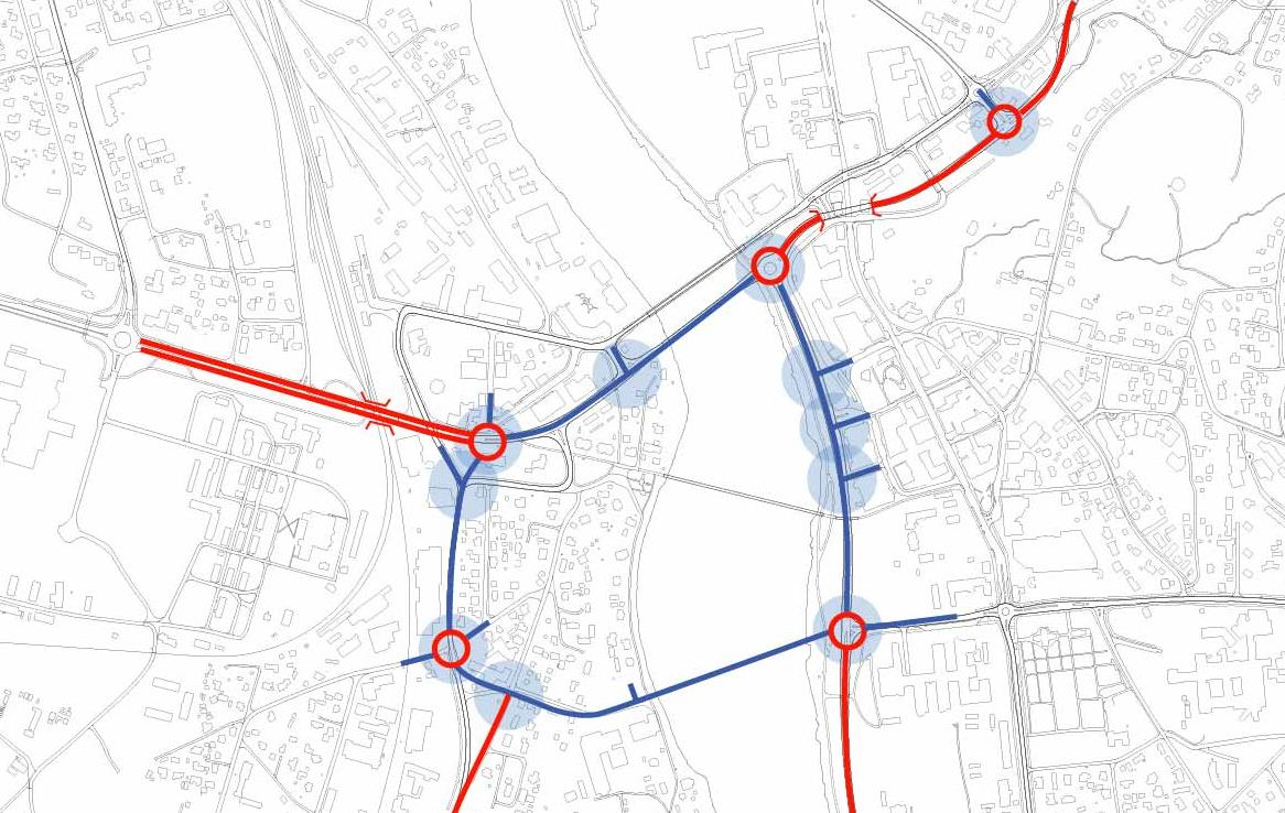 Gatekryss Figur 15 viser at alternativ 2 vil kunne ha mange påkoblingsmuligheter til eksisterende bygater og nye utviklingsområder.