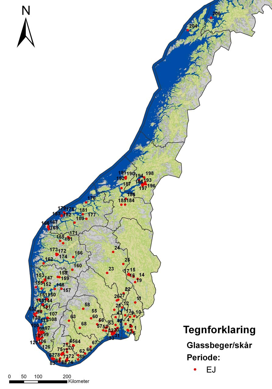 Figur 32: Oversiktskart over alle glassbeger og glasskårfunn gjort i Norge