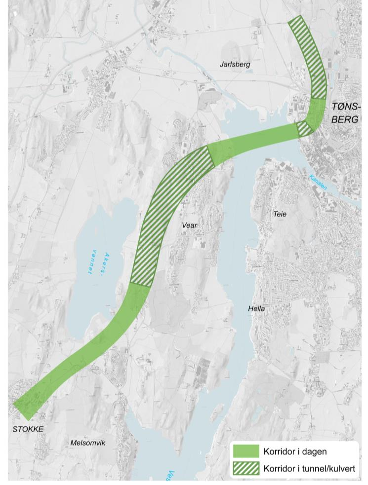 4.2 Vear-korridoren Vear-korridoren starter ved dagens trasé i Jarlsbergtunnelen og svinger raskt vestover i kulvert/tunnel ved foten av Slottsfjellet.