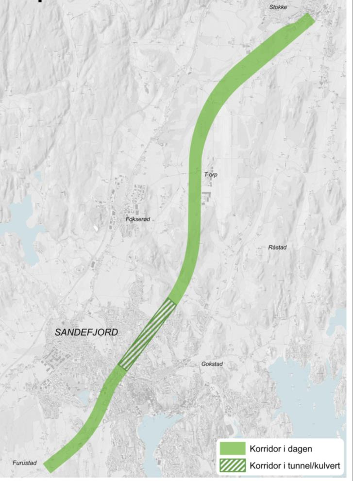 4.3 Torp vest-korridoren Korridoren starter i en ny delvis nedsenket stasjon i Stokke, øst for dagens jernbane og nord for Storgata.