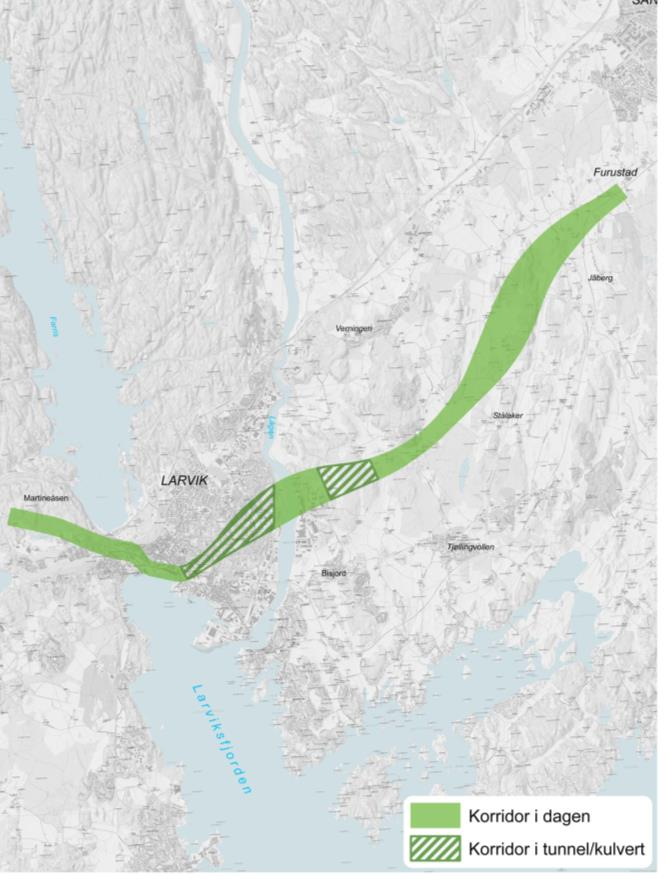 4.7 Indre havn-korridoren Korridoren starter på Furustad og går i dagsone med bruer og skjæringer videre gjennom Tjølling.