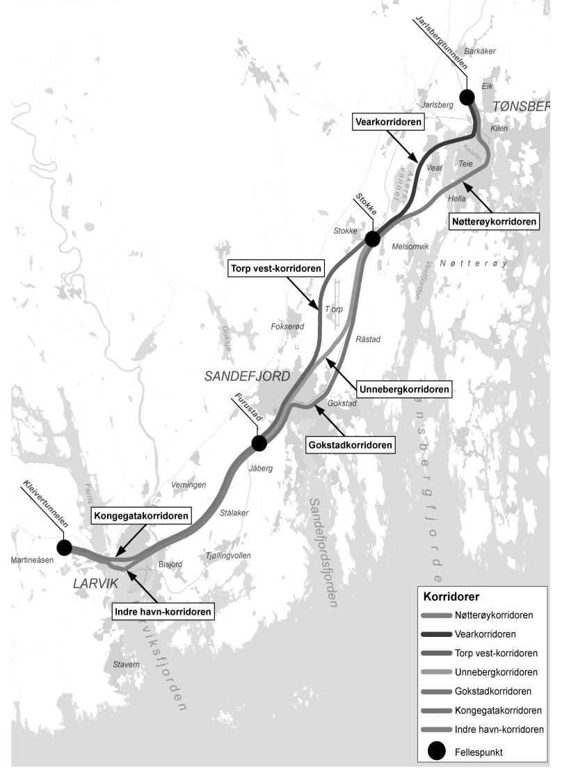 5.8 Sammenstilling og anbefaling Bane NOR vil bygge sin anbefaling av endelig korridor som legges til grunn for kommunedelplanen og for videre planarbeider på elementene vist i figuren under.