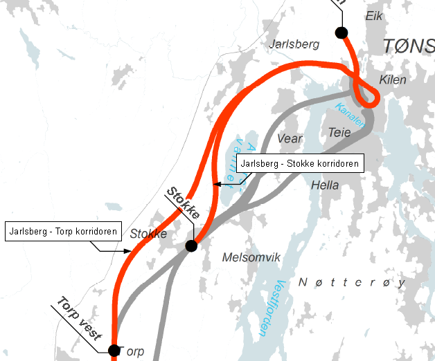 7.1 Jarlsberg-Stokke og Jarlsberg-Torp I forstudiet ble det vurdert to korridorer som benytter eksisterende jernbanesløyfe i Tønsberg, Jarlsberg-Torp- korridoren og Jarlsberg-Stokkekorridoren.
