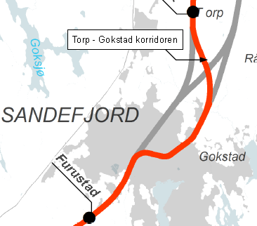 7.3 Torp-Gokstad korridoren Stasjonen på Torp blir liggende i nærheten av dagens terminalbygning vest for rullebanen.