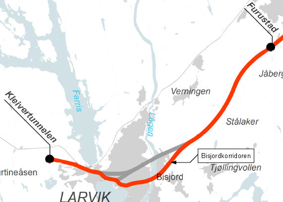 7.4 Bisjord-korridoren Korridoren følger øvrige korridorer på strekningen Furustad-Larvik fra Furustad til Kjønndalbekken.