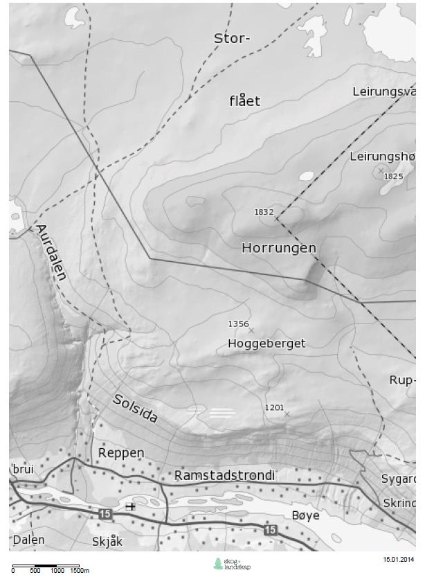 Figur 1. Kart over området. Vurdering Det følgjer av verneforskrifta for Reinheimen nasjonalpark at all motorferdsel er forbode.
