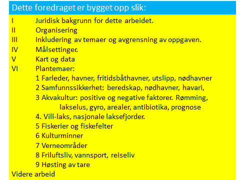 4 Prosjektleders: foredrag Jens-Eric Eliassen viste 30 powepoint-plansjer i foredraget med innhold som vist under: 5 Spørsmål og diskusjon etter foredraget A) Etter Eliassens foredrag kom det en del