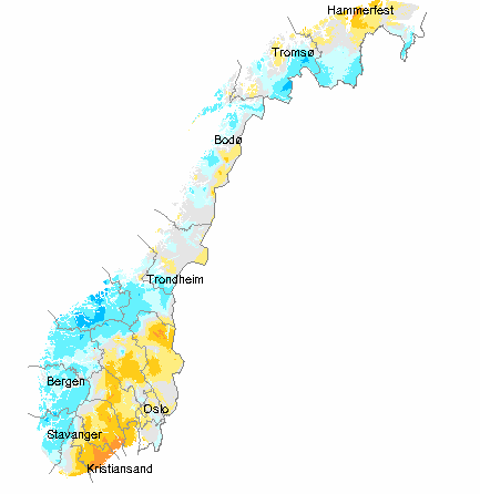 Samtidig var det lite nedbør i store delar av Nord-Noreg der kom det mange stader mindre enn 5 prosent av normalen.