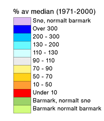 Vekta mot kraftsystemet er snømengdene i år omtrent som normalen, medan det i fjor på same tid var litt under normalen. Figur 1.1.6 Snømengde pr. 1. oktober 26 og 27 i prosent av median for perioden 1971-2.