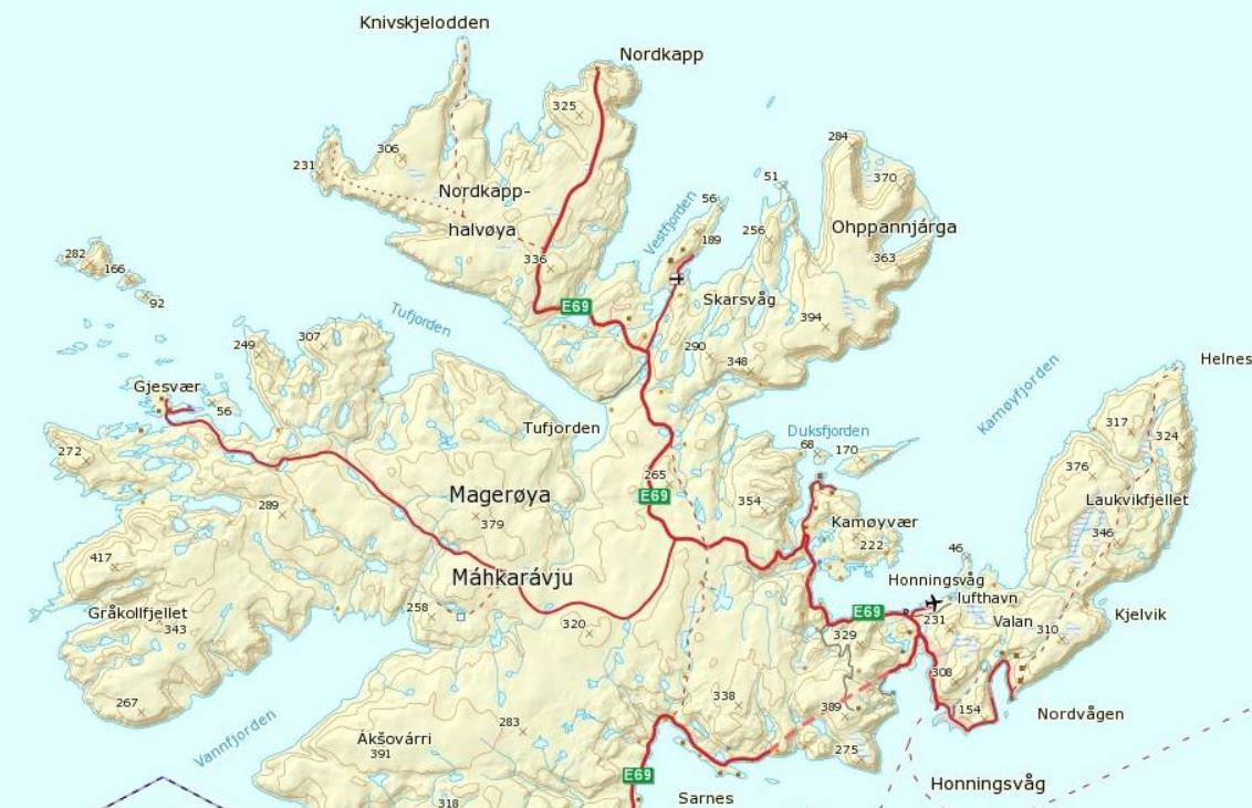 Planbeskrivelse 5 2 PLANOMRÅDET, EKSISTERENDE FORHOLD 2.1 Beliggenhet og avgrensning Arealet som skal reguleres ligger i Skarsvåg, som er det nordligste fiskevær på Magerøya i Nordkapp kommune.