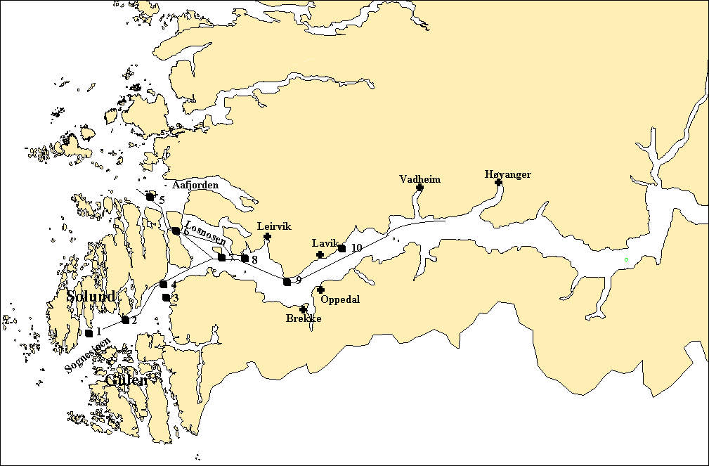 Figur 1. I alt 30 små merdar (1 m 3 ) vart plassert ut på lokalitetar i Sognefjorden. ane vart plassert ut i ulike djup (0,-1, m, 7-8 m og 14-1 m). Den 1.