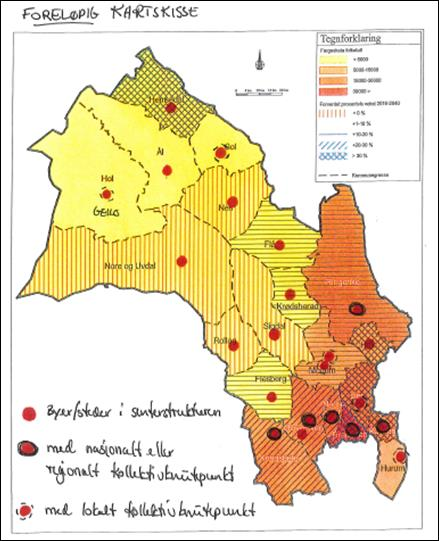 Figur 5. Retningslinjer: Buskerud fylke med senterstruktur og kollektivknutepunkt. Fargeskalaen viser befolkning og skravuren viser vekstprognoser. (kartet må videreutvikles og lages proft.