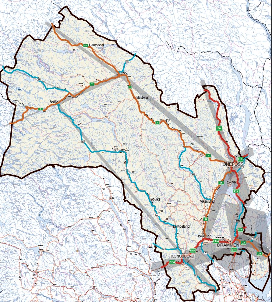 Nullvisjonen for trafikksikkerhet legges til grunn, noe som innebærer at trafikksikkerhet på vegnettet må prioriteres i hele fylket. Figur 10 Trafikkstrømmer i Buskerud.