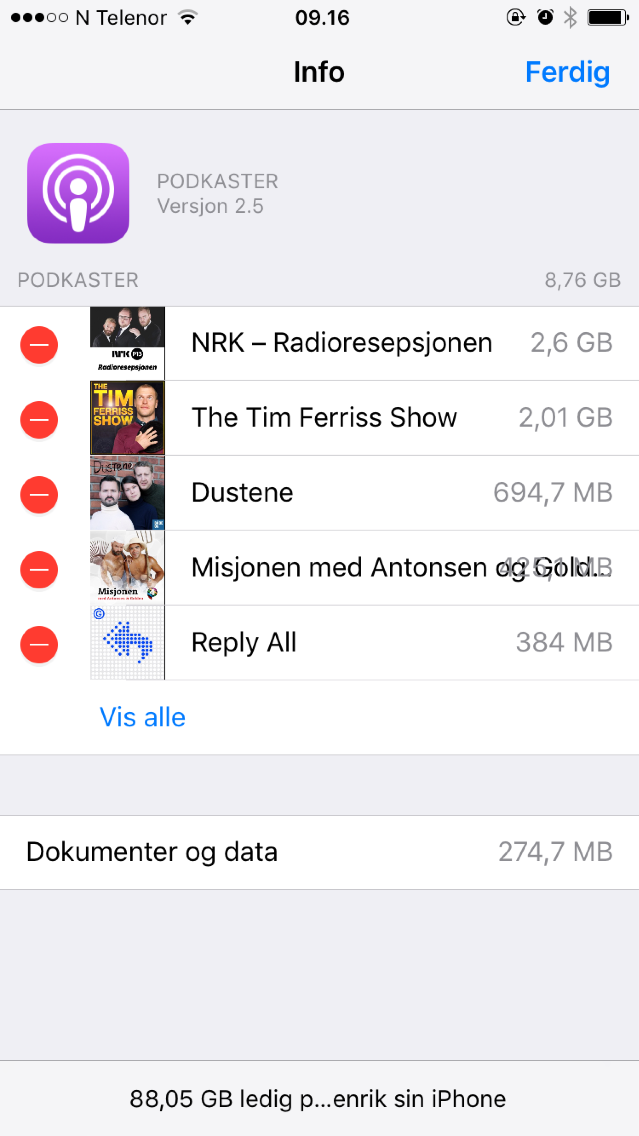 Lagring og icloud-bruk