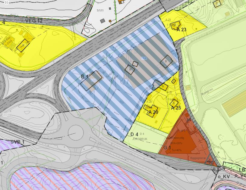 Utsnitt av gjeldende reguleringsplaner i området. Kollektivterminalen i Øygårdsdalen betjener både lokal- og langdistanseruter. Fv.