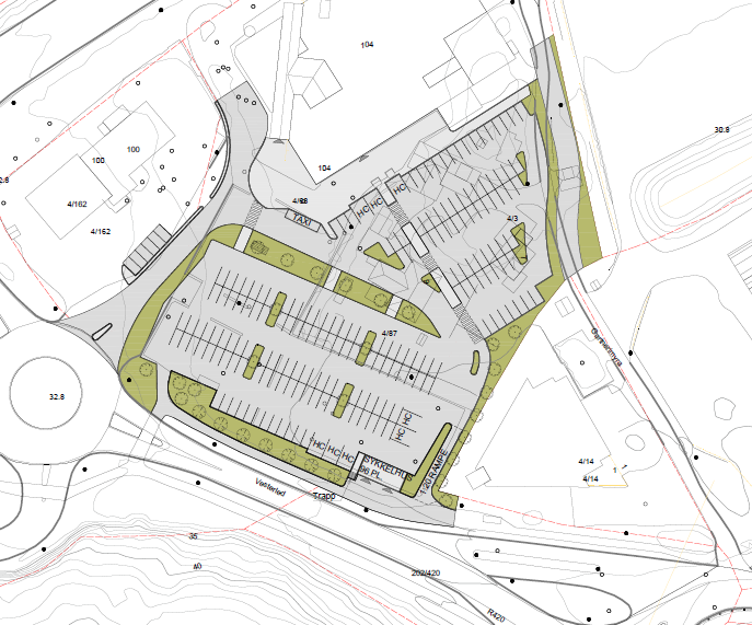 Illustrasjonsplan midlertidig parkeringsløsning. Reguleringsplanen gir også mulighet for å bygge parkeringshus(kjeller) i en etasje under området avsatt til kollektivterminal.