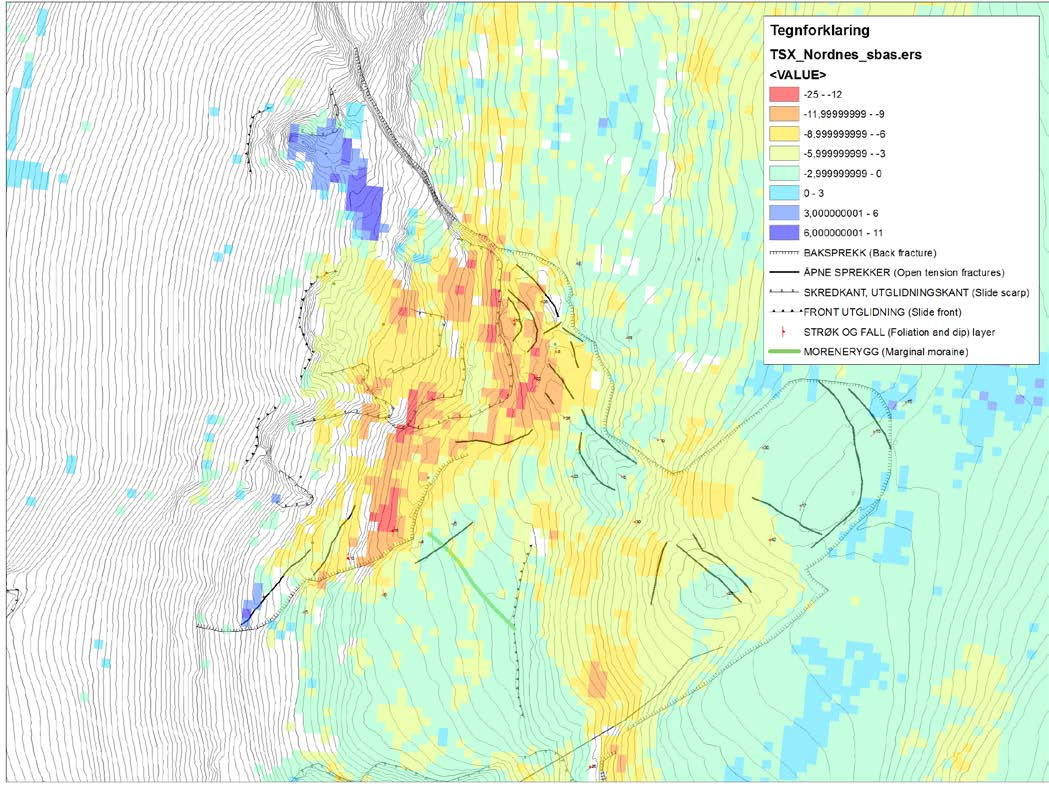 Figur 3. Data fra høyoppløselig radarsatellitt (TerraSAR-X) fra 2009, 2010 og 2011. Legg merke til at det er flere røde områder med stor bevegelse.