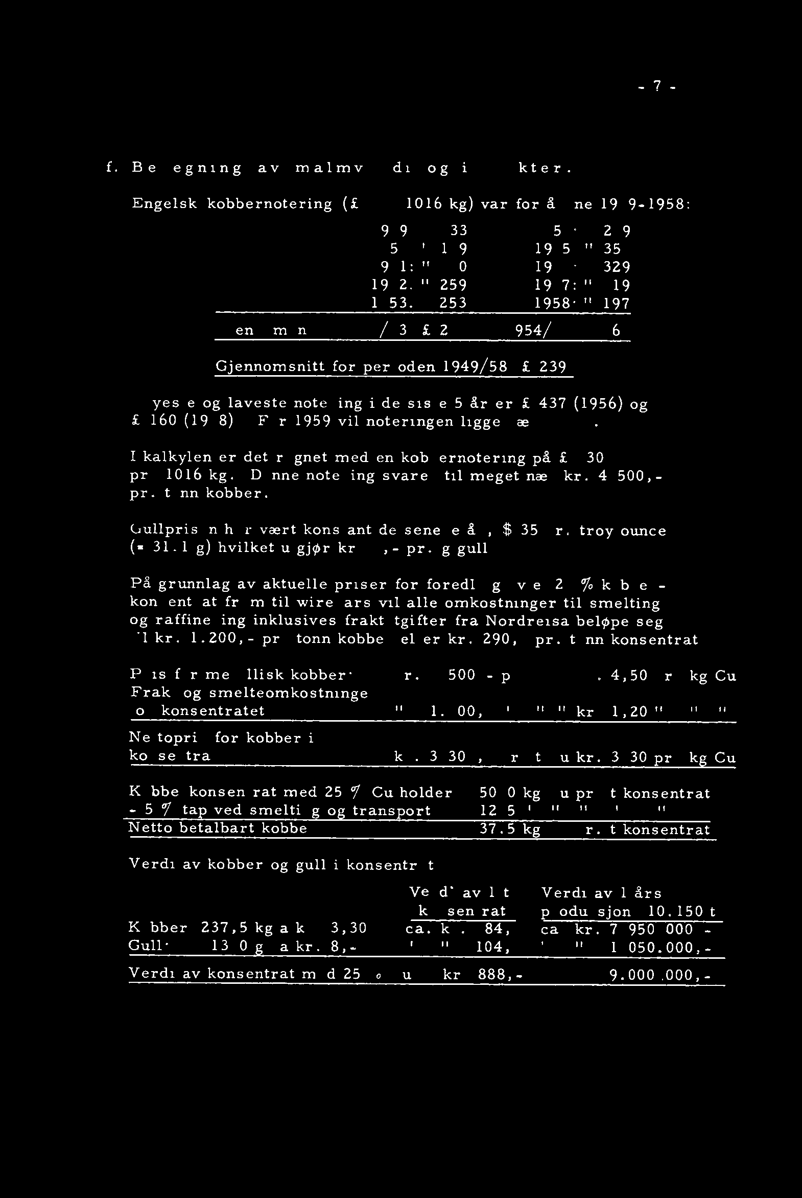 For 1959 vil noteringen ligge nær 235. I kalkylen er det regnet med en kobbernotering på 230 pr. 1016 kg. Denne notering svarer til meget nær kr. 4.500,- pr. tonn kobber.