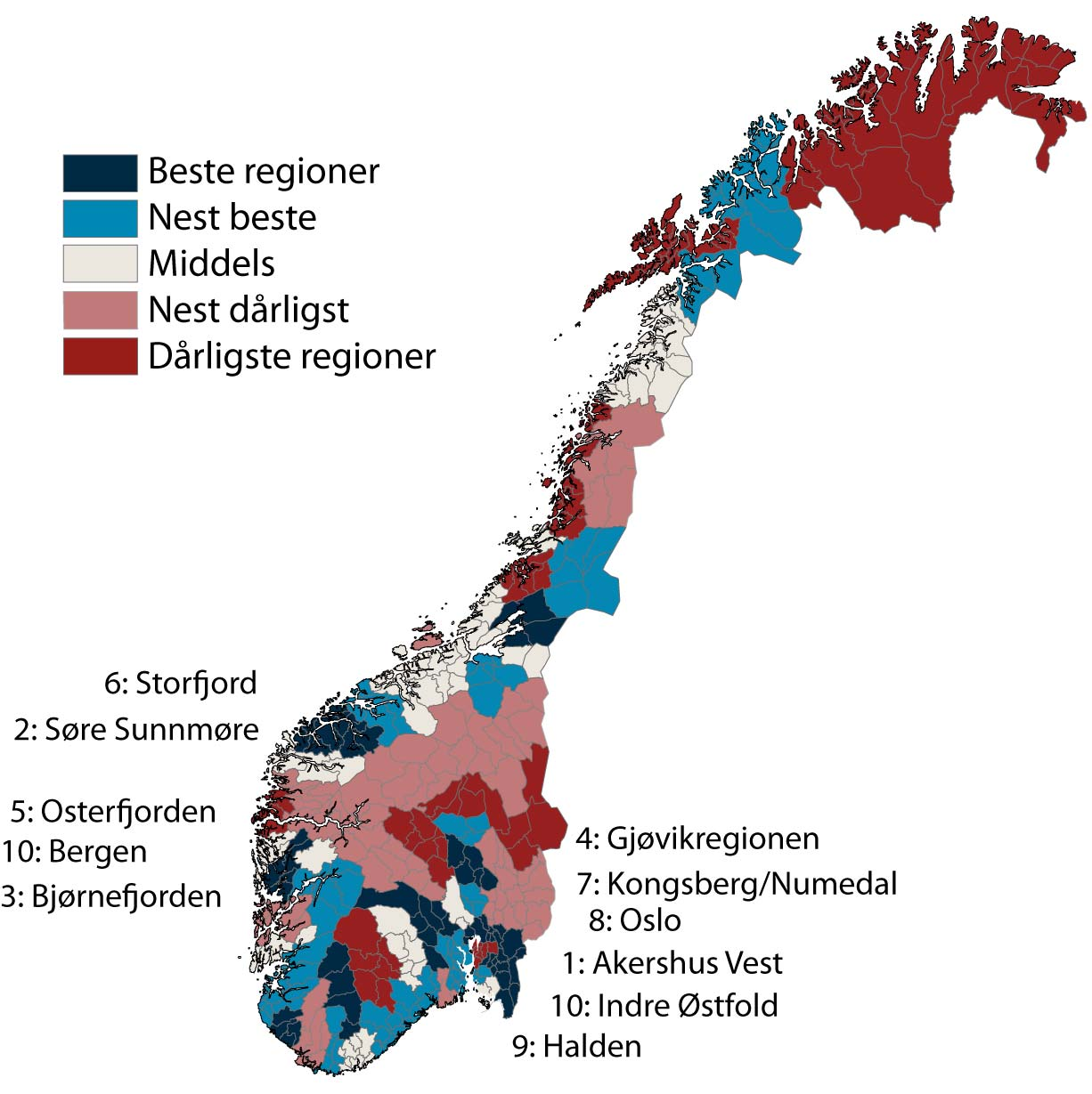 Innovasjonsfrekvens i regionene Figur 61: Variasjoner i innovasjonsfrekvens for regionene. Kartet over viser variasjonene i innovasjonsfrekvens i regionene i Norge.