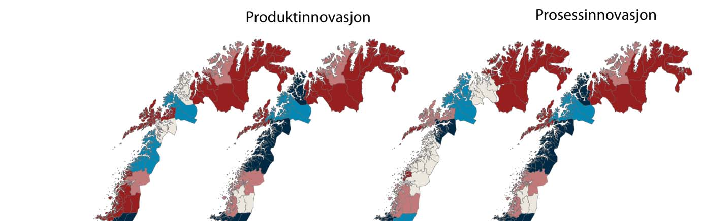 Regionale trender Figur 76: Innovasjonsfrekvens og innovasjonsklima for produkt og prosessinnovasjon i regionene.