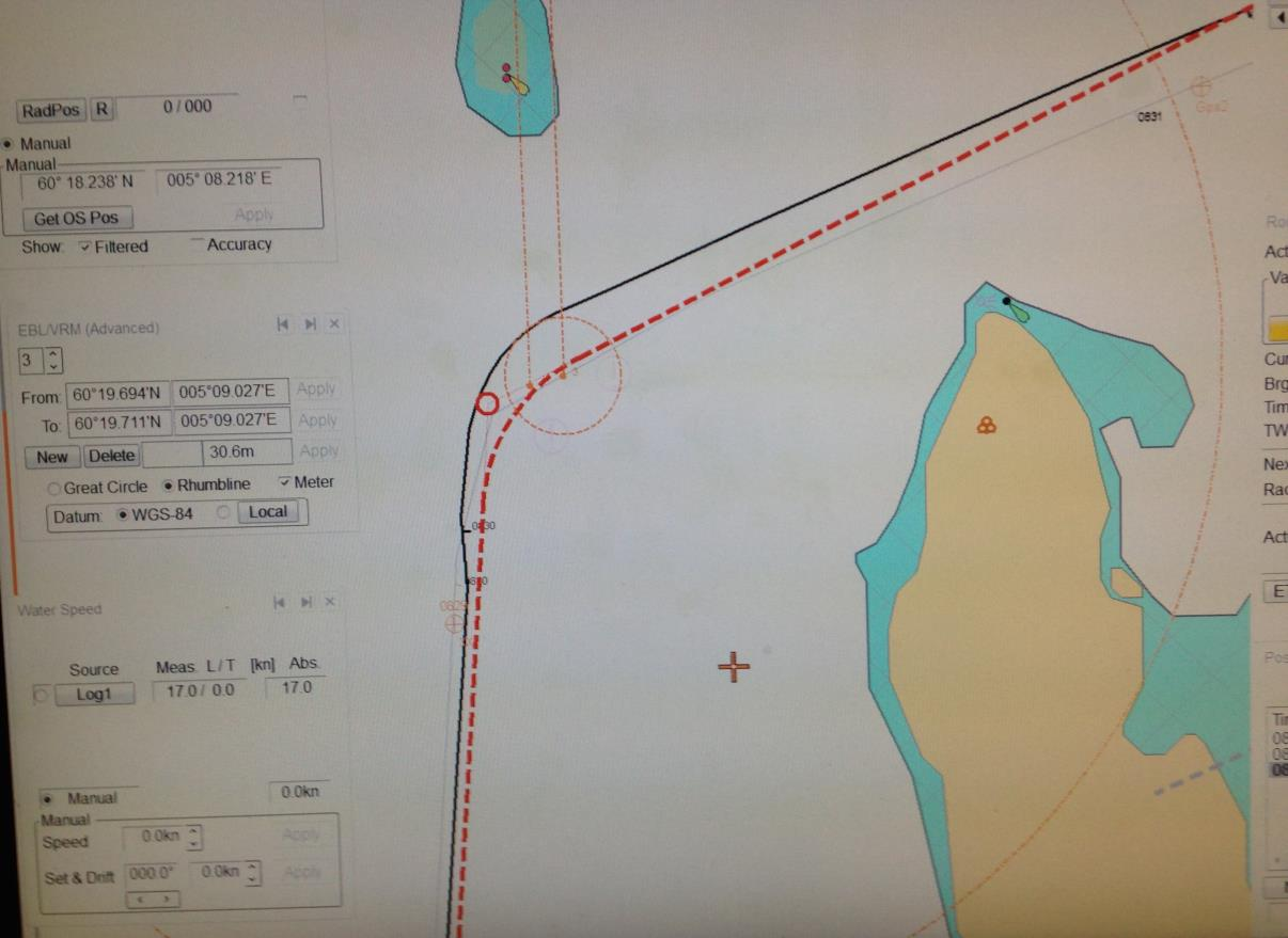 Vi oppdaterer posisjonen på 0,05nm. Når vi navigerer skal man alltid ha en så godt oppdatert posisjon som mulig før turn og ligge i kurslinjen.