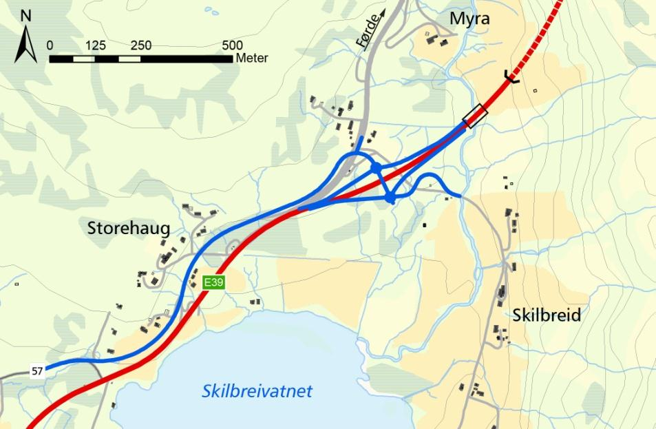 4.6 Dagsoner og kryss Det er ni forskjellige dagsoner som inngår i dei forskjellige vegalternativa. Dagsonene er vist med heiltrekt strek på kart over alternativ, i punkt 4.4. 4.6.1 Storehaug Myra (1720 m) Alternativet på Myra føl traseen til dagens E39 og tek av like sør for krysset mot kommunal veg på Skilbrei.