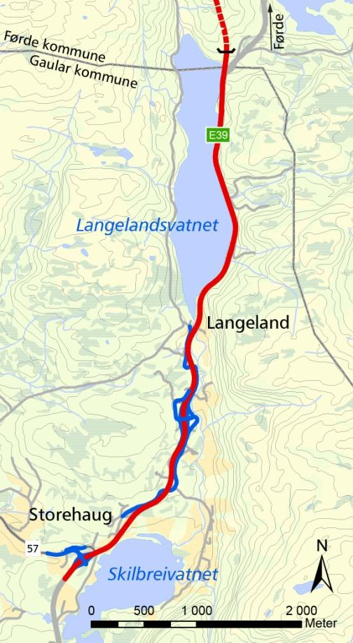 4.6.2 Storehaug Bekkjaholten (5530 m) Dette alternativet går i traseen til eksisterande E39 frå Storehaug, langs Langelandsvatnet, fram til ny tunnel gjennom Bekkjaholten.