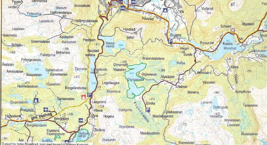 5.4.1 KM 1 Den Trondhjemske postveg, Gaular og Førde kommunar Figur 5-3 Kartet syner traséen til Den Trondhjemske postveg frå sørvest over Hjelmeland i Gaular kommune og vidare på vestsida av