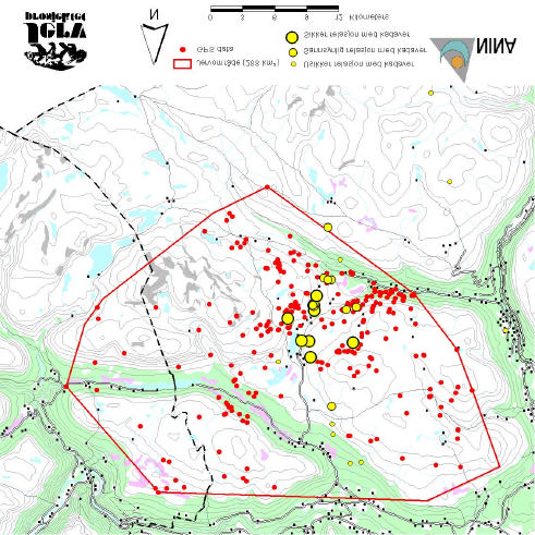 4 en usikker tilknytning til 9 av kadavrene (relasjonsindeks mellom 0-0,49; små gule sirkler), en sannsynlig tilknytning til 8 av kadavrene (relasjonsindeks mellom 0,50-0,74; middels gule sirkler) og