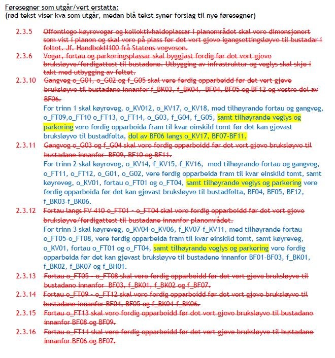 endring av gjeldande planføresegner. Framlegg til endring i føresegner - Det som er merka gult handlar om infrastrukturtiltaka.
