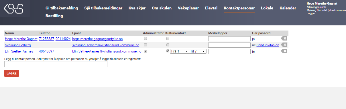 KONTAKTPERSONAR VED SKULEN Klikk på «Send invitasjon» for å lage passord. Det er mogleg å dele jobben som kulturkontakt, til dømes ein person for 1.