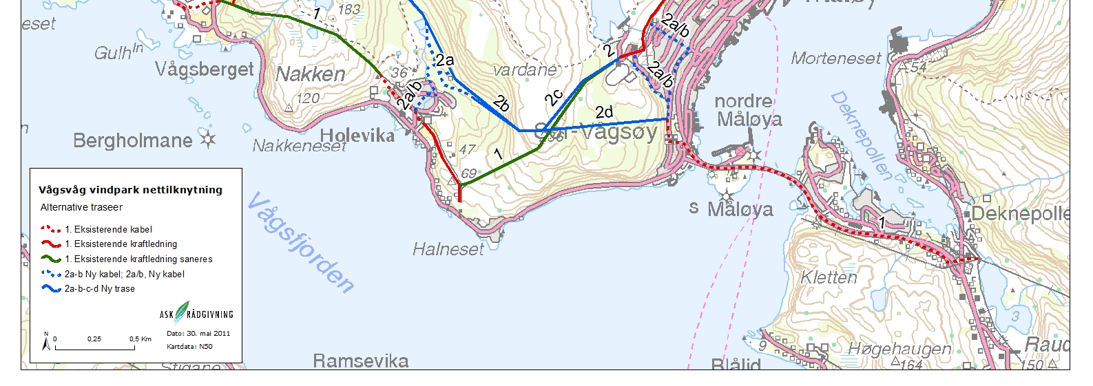 Figur 2 Vurderte traseer for ombygging av eksisterende 22 kv-ledning Vågsvåg Måløy Trasealternativ Lengde