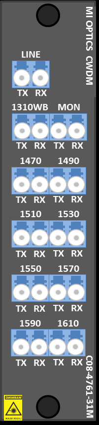 C08-4761-31-M 8 kanals CWDM Mux/Demux med 1310 nm Wide Band og C47, C49, C51, C53, C55, C57, C59, C61, 1310WB, -2% monitor IL Link: Maks <4,1/3,1 db / Typisk <3,5/2,5 db C08-4761-31 8 kanals CWDM