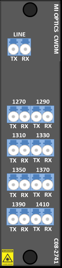 C08-2741 8 kanals CWDM Mux/Demux C27, C29, C31, C33, C35, C37, C39, C41 IL Link: Maks <3,6 db / Typisk <3,0 db C04-5561-31-M 1310 nm Wide Band og C55, C57, C59, C61, 1310WB, -2% monitor IL Link: Maks