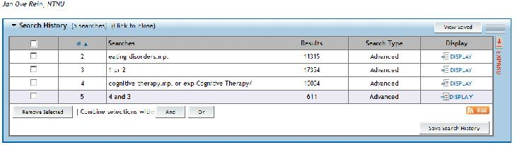 PsycInfo Lagring av søk Navn på personlig bruker Rydd opp i søkehistorikken før du lagrer søk, da alt i søkehistorikken vil bli lagret.